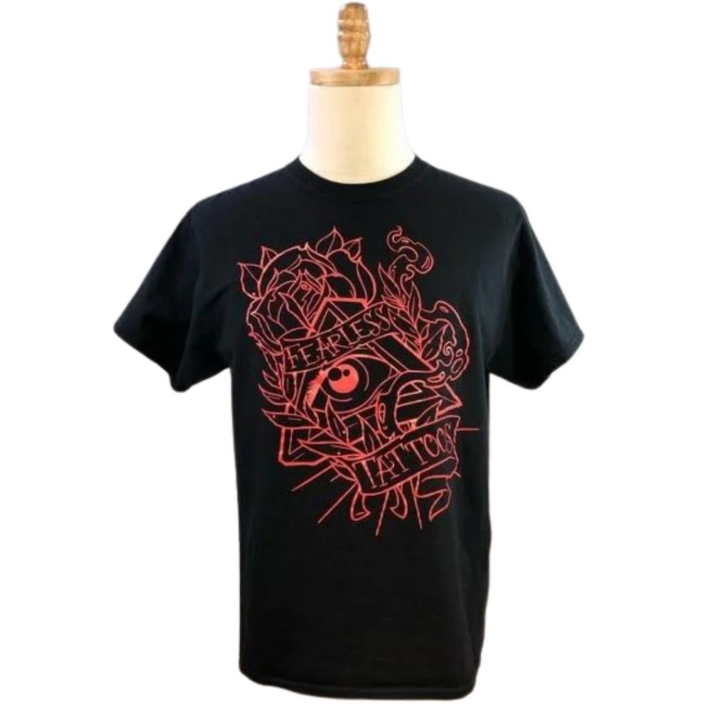 Fearless Tattoos All-Seeing Eye with Rose and Stem Black and Red Graphic Tee